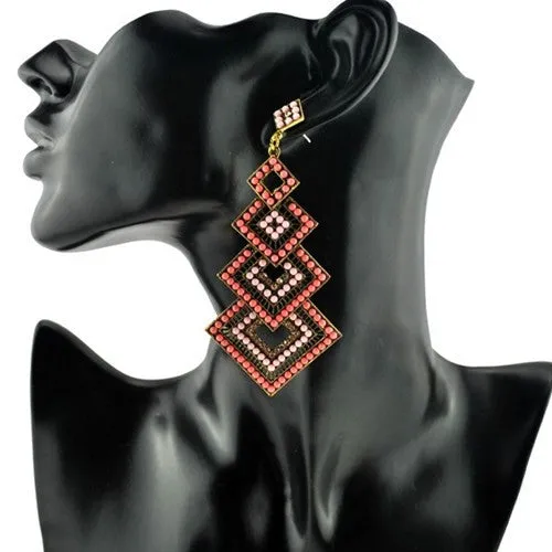 Pink Long Fashion Crystal Chandelier Earrings Retro Luxury Square Shape Womens