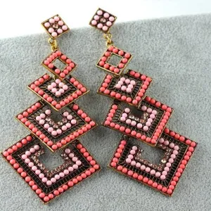 Pink Long Fashion Crystal Chandelier Earrings Retro Luxury Square Shape Womens