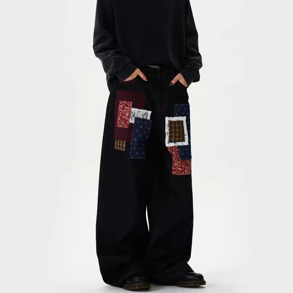 Plaid Patchwork Design Retro Jeans