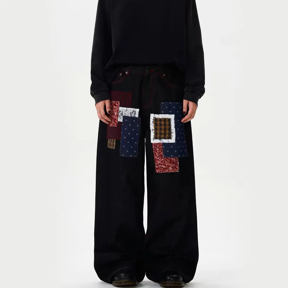 Plaid Patchwork Design Retro Jeans