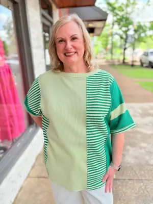 Plus Green Stripe Patchwork Colorblock Top