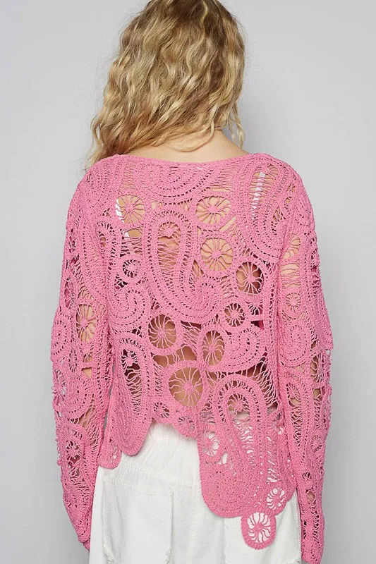 POL Crochet Asymmetrical Hem Round Neck Knit Cover Up