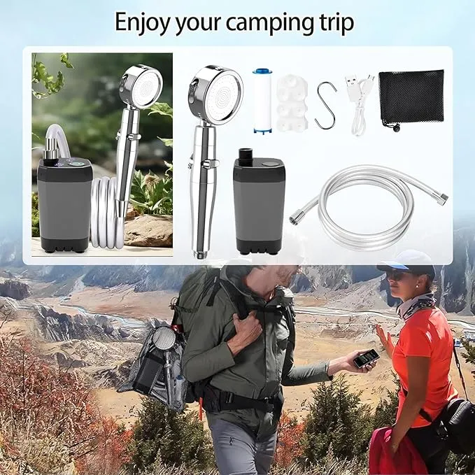 Portable Camping Shower, Upgraded Outdoor Camp Shower with 6000mAh Rechargeable Electric Shower Pump IPX7 Waterproof Outdoor Shower for Camping, Hiking, Traveling