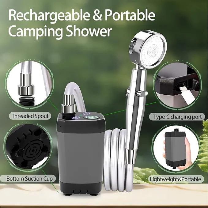 Portable Camping Shower, Upgraded Outdoor Camp Shower with 6000mAh Rechargeable Electric Shower Pump IPX7 Waterproof Outdoor Shower for Camping, Hiking, Traveling