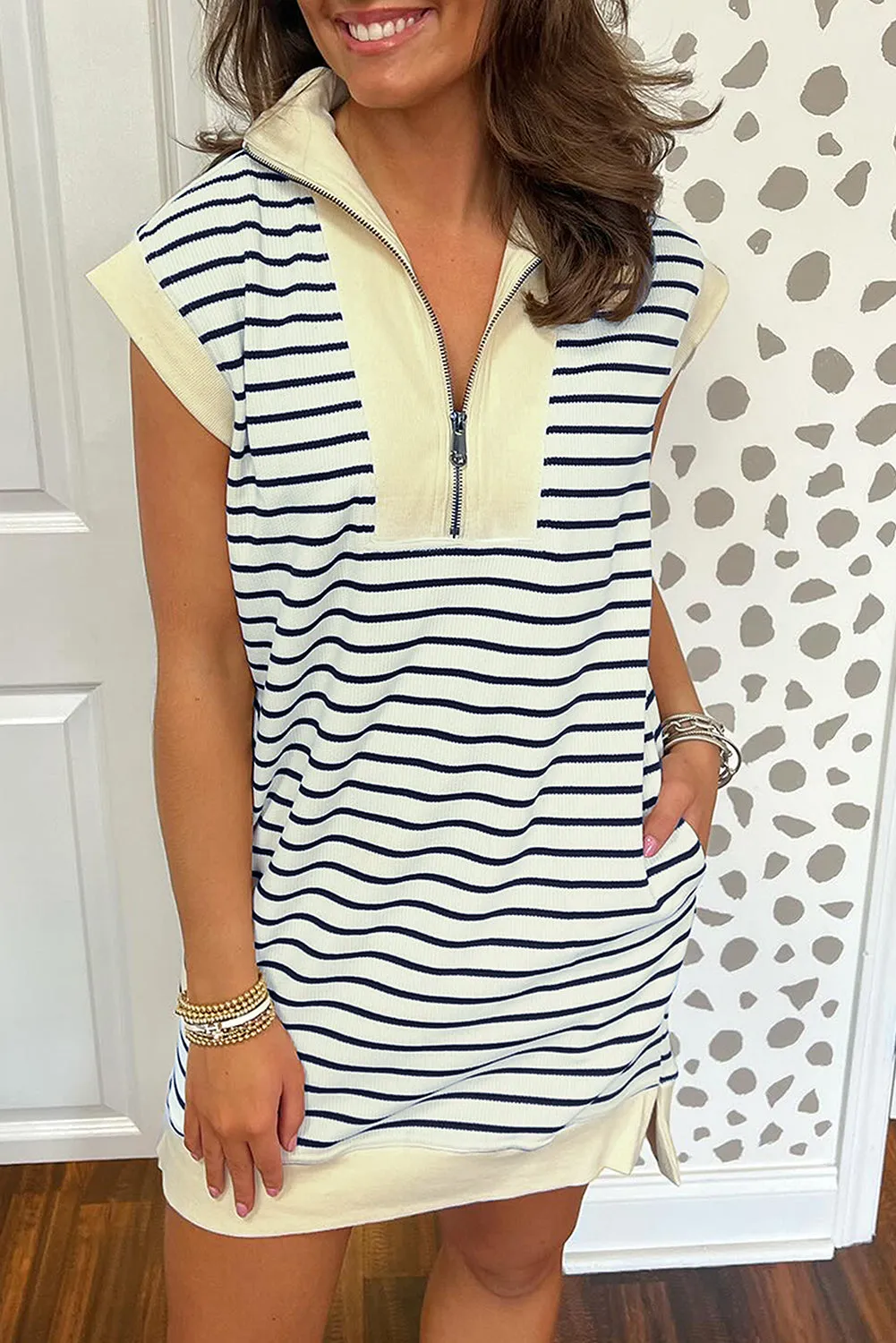 Quarter Zip Mini Dress with Striped Print and Collared Neckline