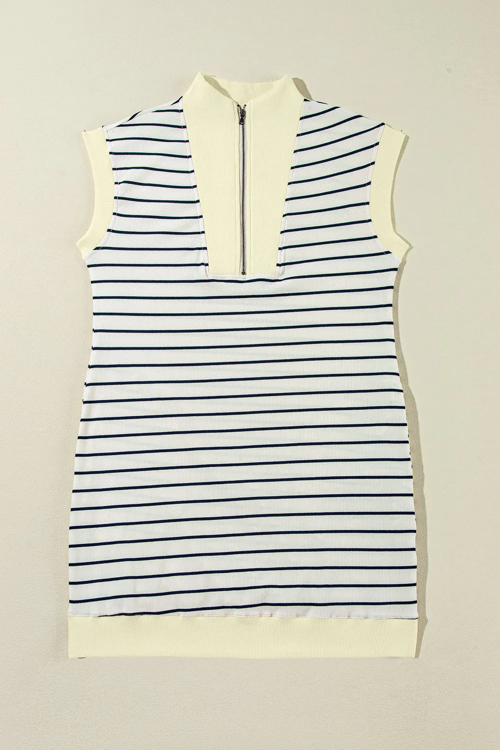 Quarter Zip Mini Dress with Striped Print and Collared Neckline