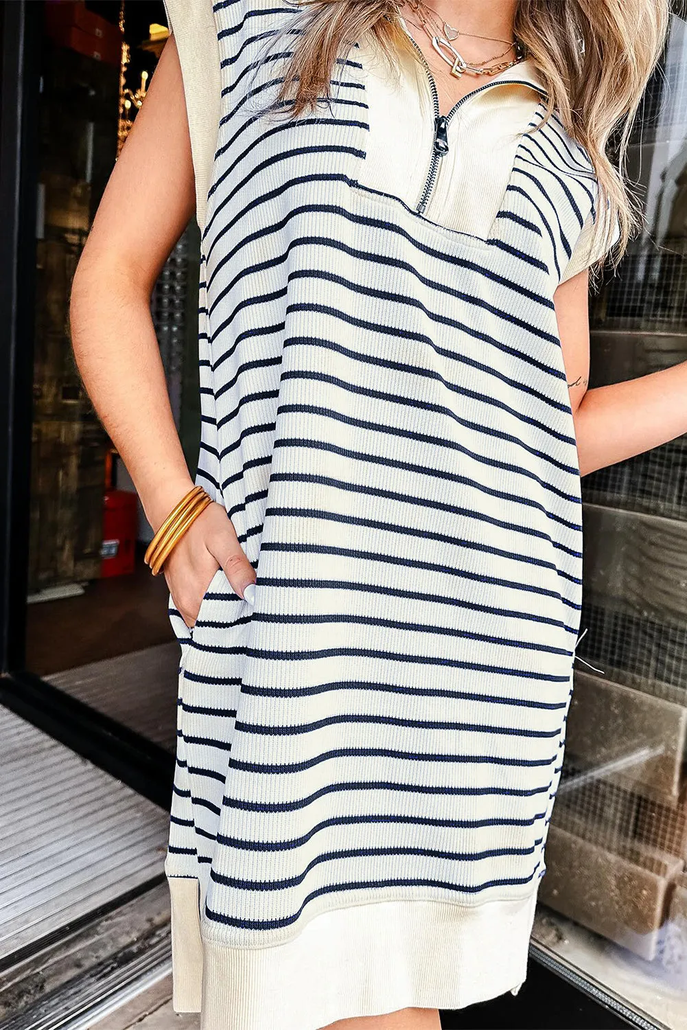 Quarter Zip Mini Dress with Striped Print and Collared Neckline