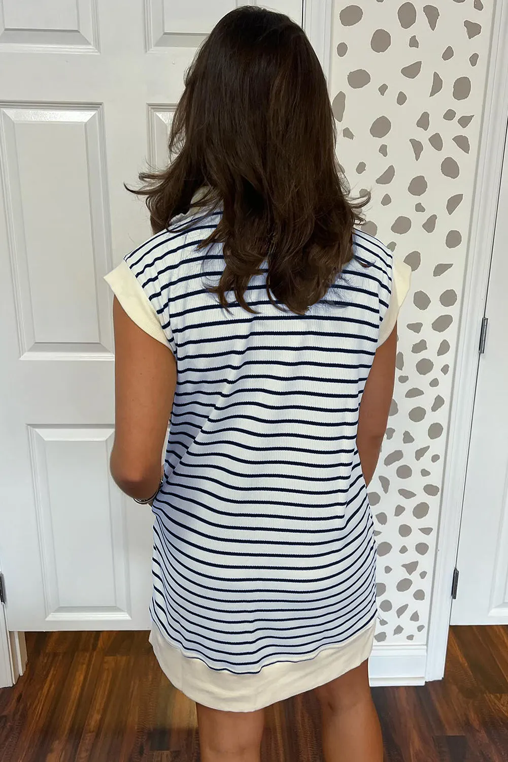 Quarter Zip Mini Dress with Striped Print and Collared Neckline