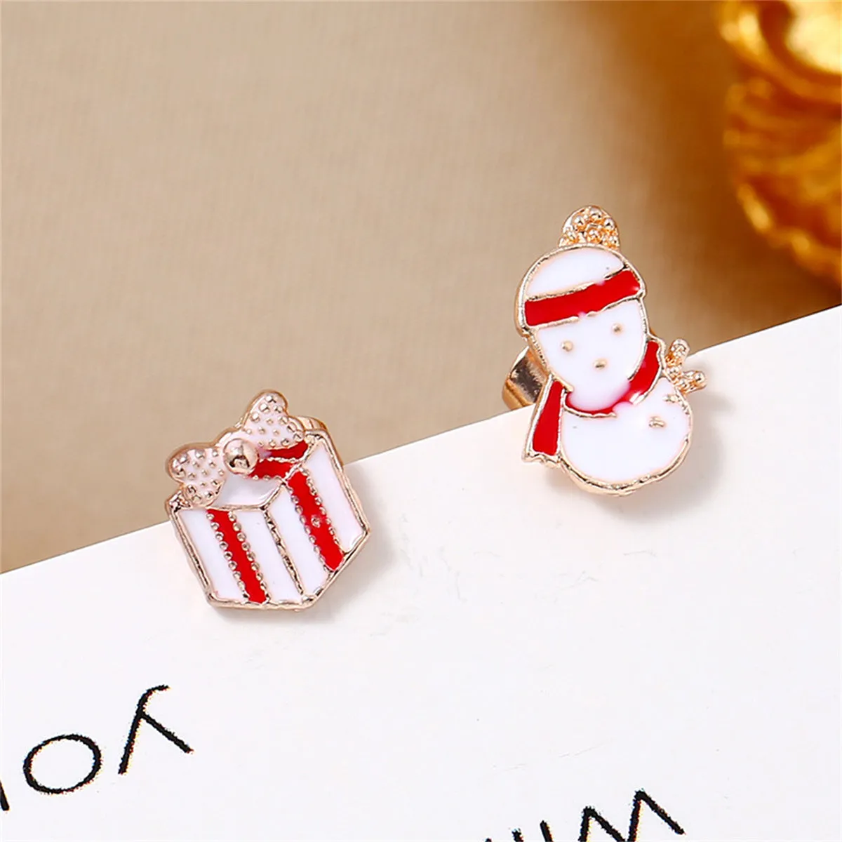 Red & White Enamel Milgrain Gift Snowman Mismatched Stud Earrings