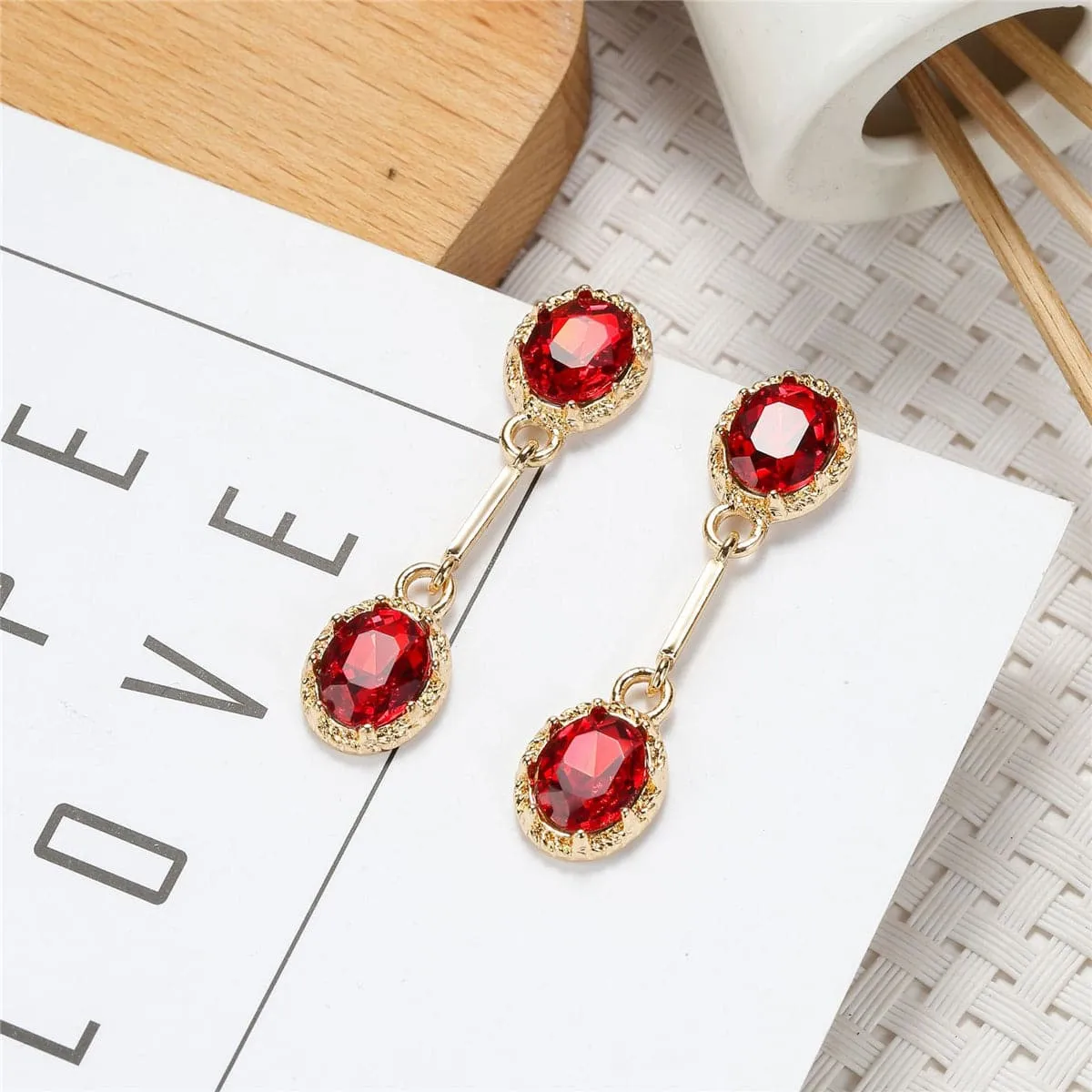 Red Crystal & 18K Gold-Plated Stacked Oval Drop Earrings