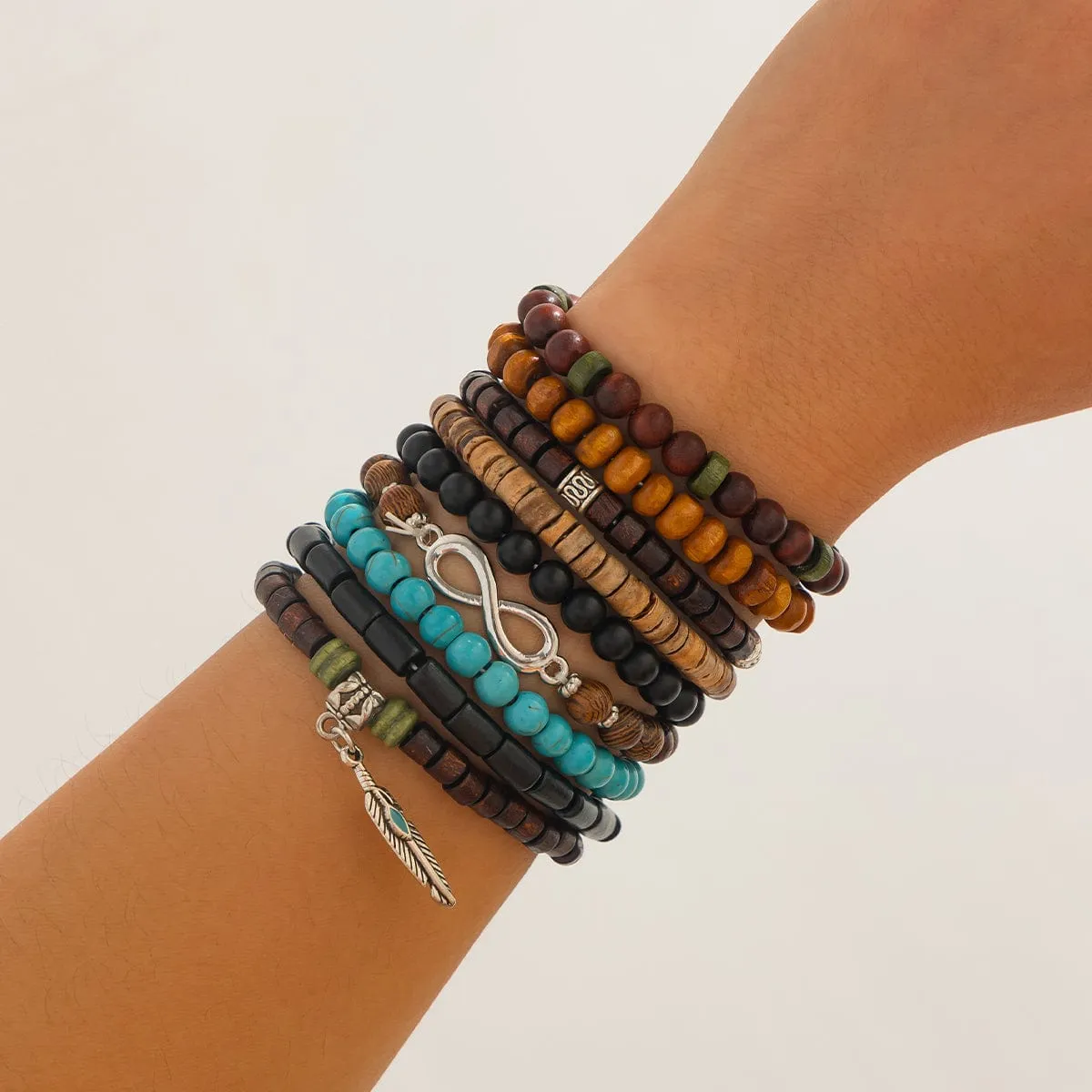 Retro 9pcs Infinity Symbol Feather Charm Turquoise Coconut Shell Wood Beaded Chain Bracelet Set