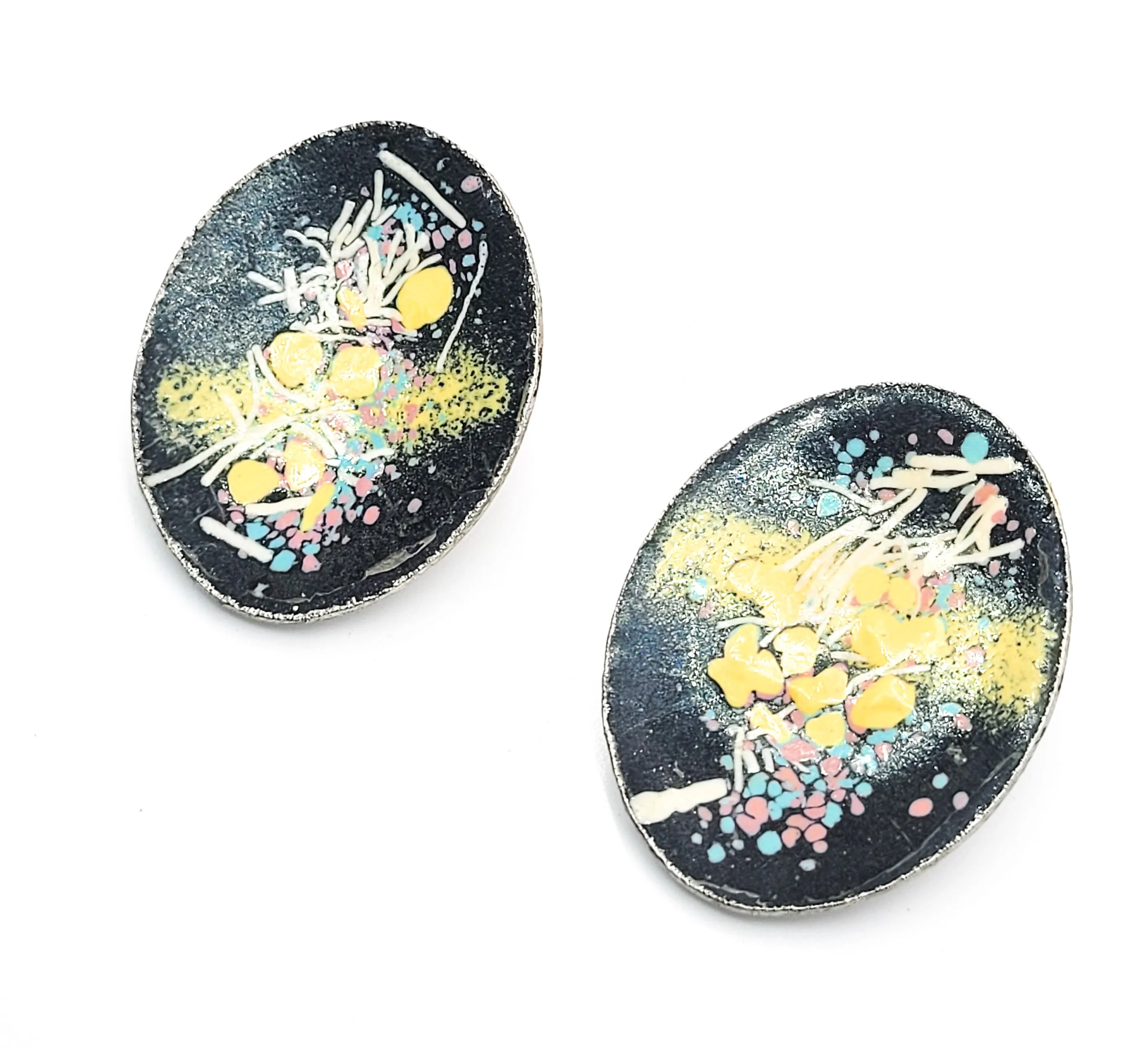 Retro Black and abstract yellow enamel vintage disk clip on earrings