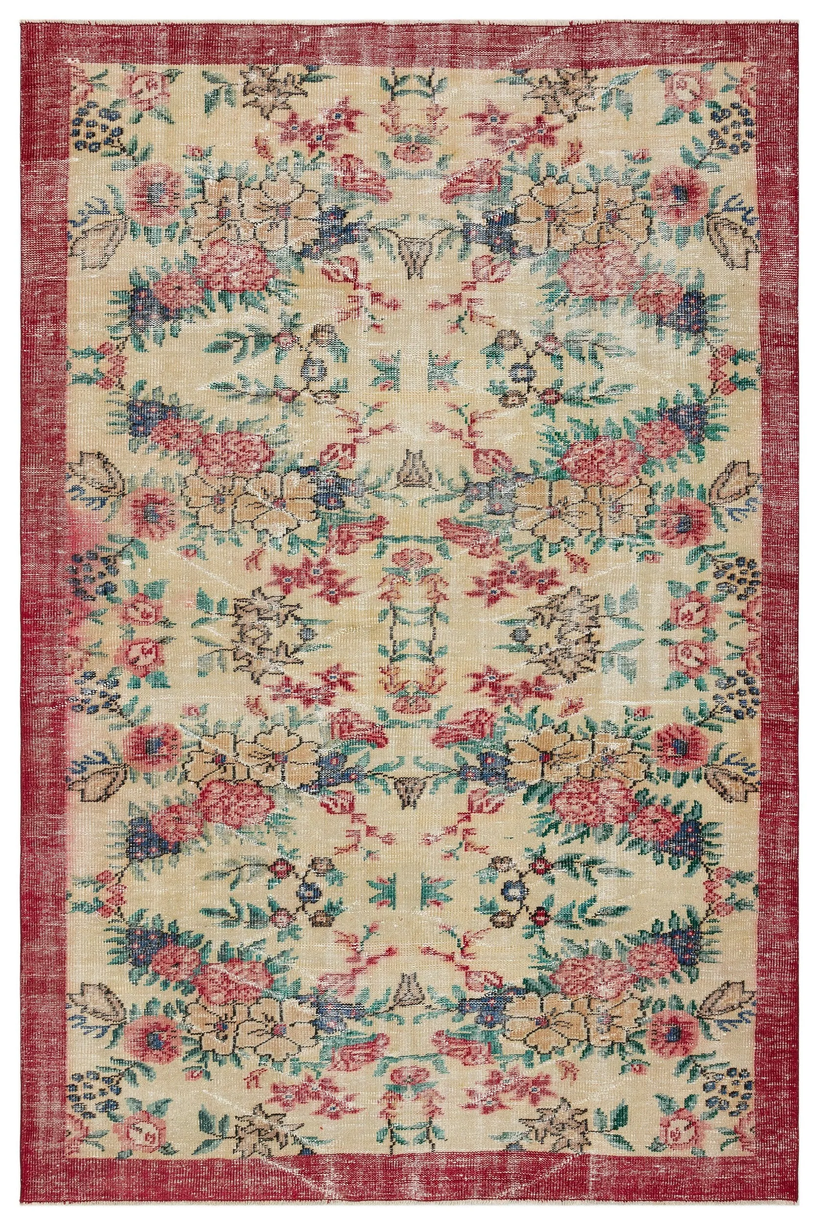 Retro Design Floral Over Dyed Vintage Rug 6'0'' x 9'1'' ft 184 x 278 cm