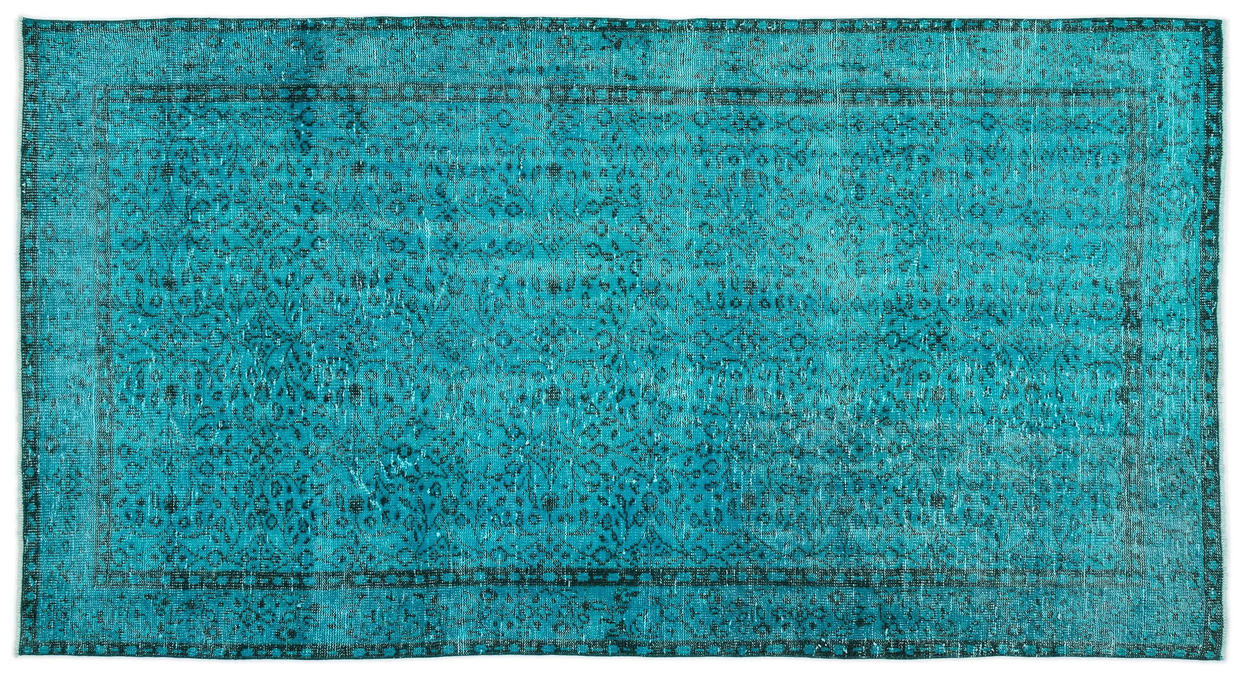 Retro Design Turquoise Over Dyed Vintage Rug 4'11'' x 9'2'' ft 150 x 280 cm