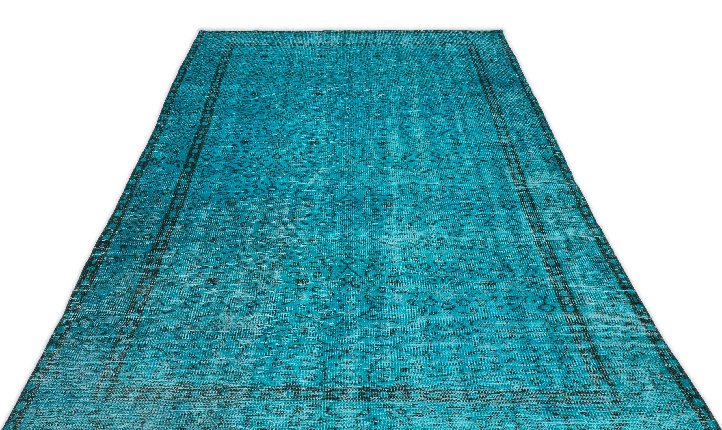 Retro Design Turquoise Over Dyed Vintage Rug 4'11'' x 9'2'' ft 150 x 280 cm
