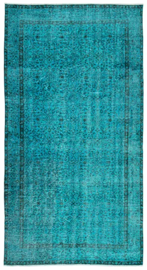 Retro Design Turquoise Over Dyed Vintage Rug 4'11'' x 9'2'' ft 150 x 280 cm