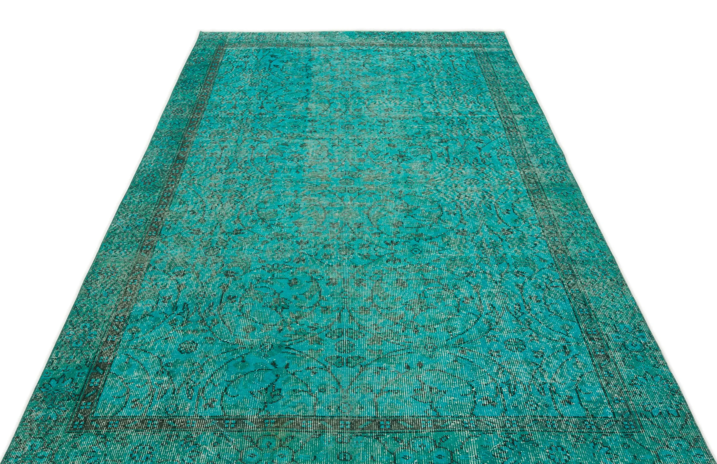 Retro Design Turquoise Over Dyed Vintage Rug 5'3'' x 8'7'' ft 161 x 262 cm