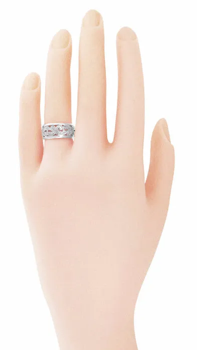 Retro Moderne Scrolls and Leaves Engraved Filigree Wide Wedding Ring in 14 Karat White Gold - 8.5mm - Size 5