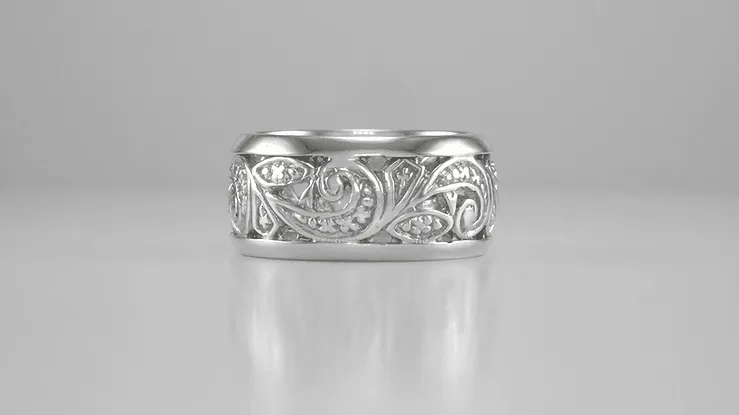 Retro Moderne Scrolls and Leaves Engraved Filigree Wide Wedding Ring in 14 Karat White Gold - 8.5mm - Size 5