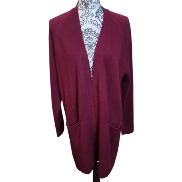 REVIVE Womens Cashmere Merino Wool Longline  Cardigan Burgundy  Sweater Medium