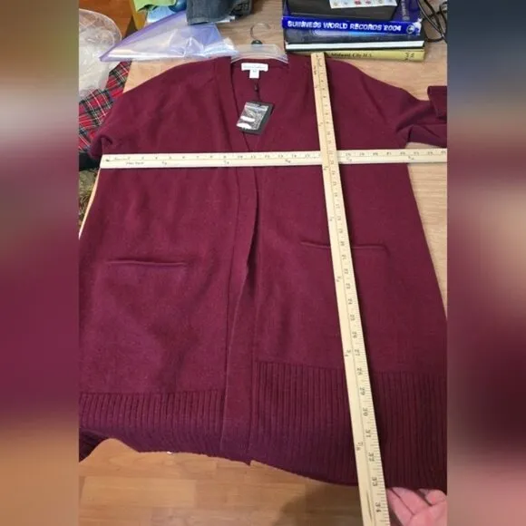 REVIVE Womens Cashmere Merino Wool Longline  Cardigan Burgundy  Sweater Medium