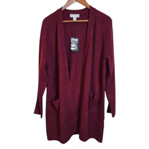 REVIVE Womens Cashmere Merino Wool Longline  Cardigan Burgundy  Sweater Medium