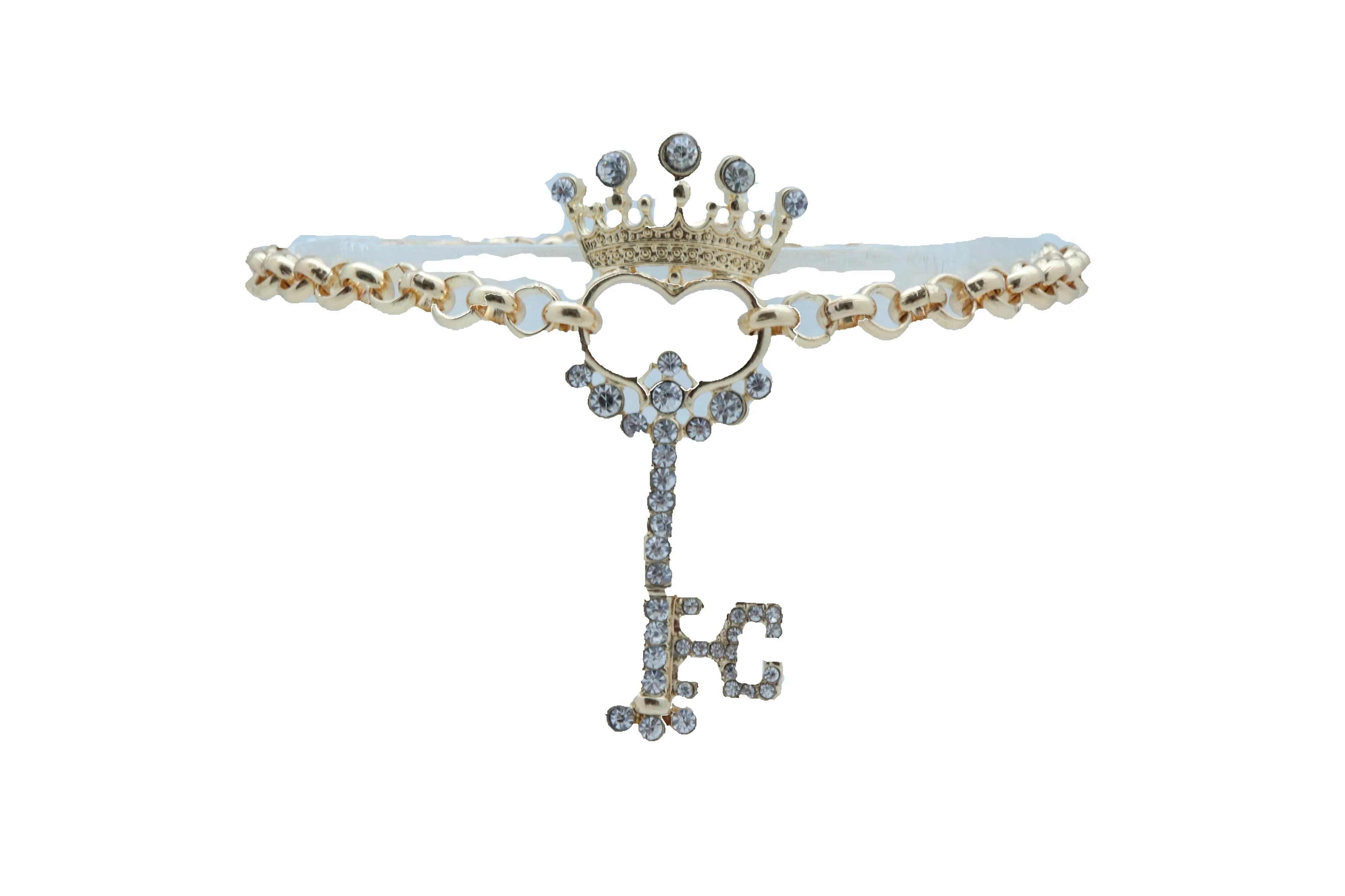 Rhinestone Crown Skeleton Key Pendant Gold Metal Boot Chain