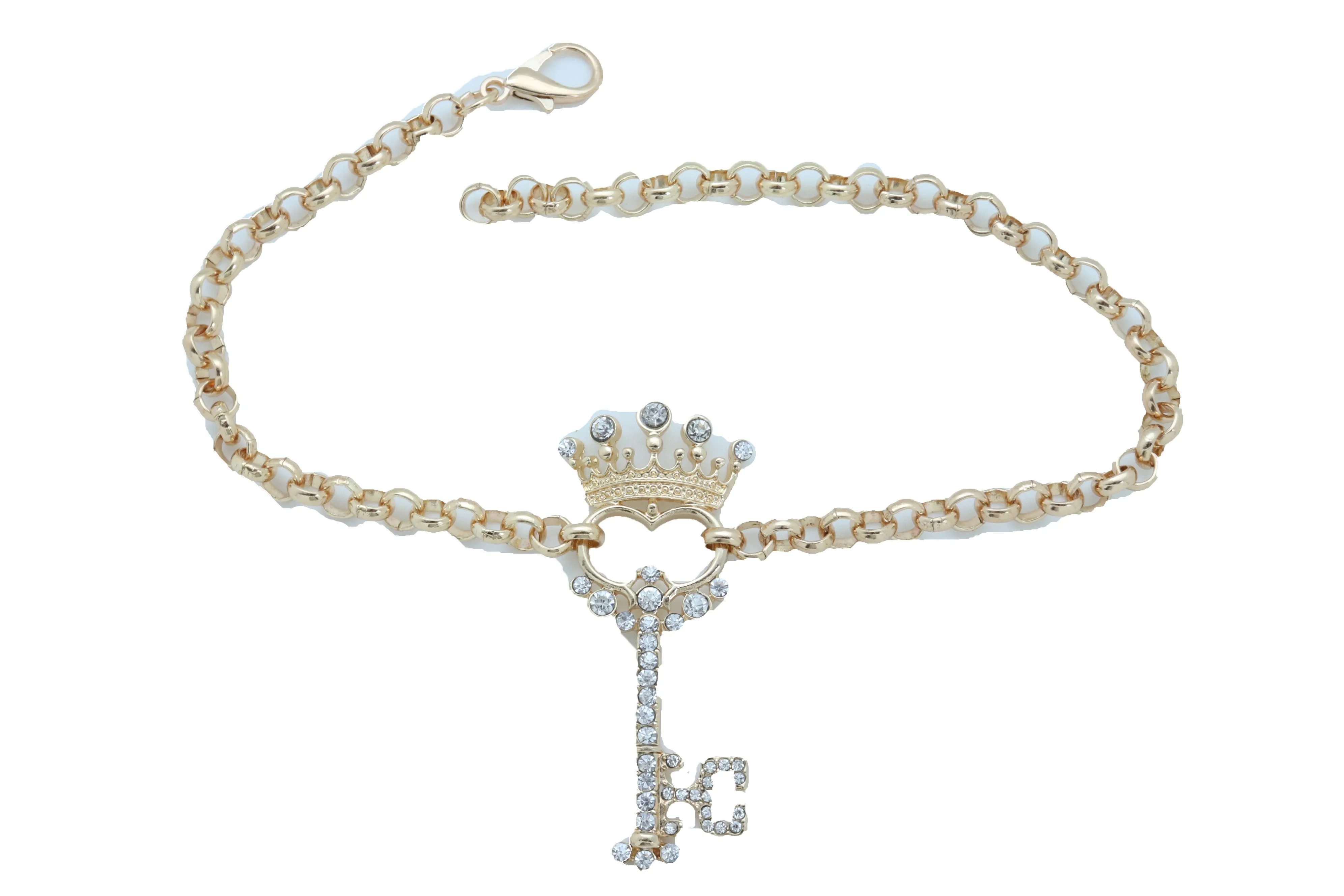 Rhinestone Crown Skeleton Key Pendant Gold Metal Boot Chain
