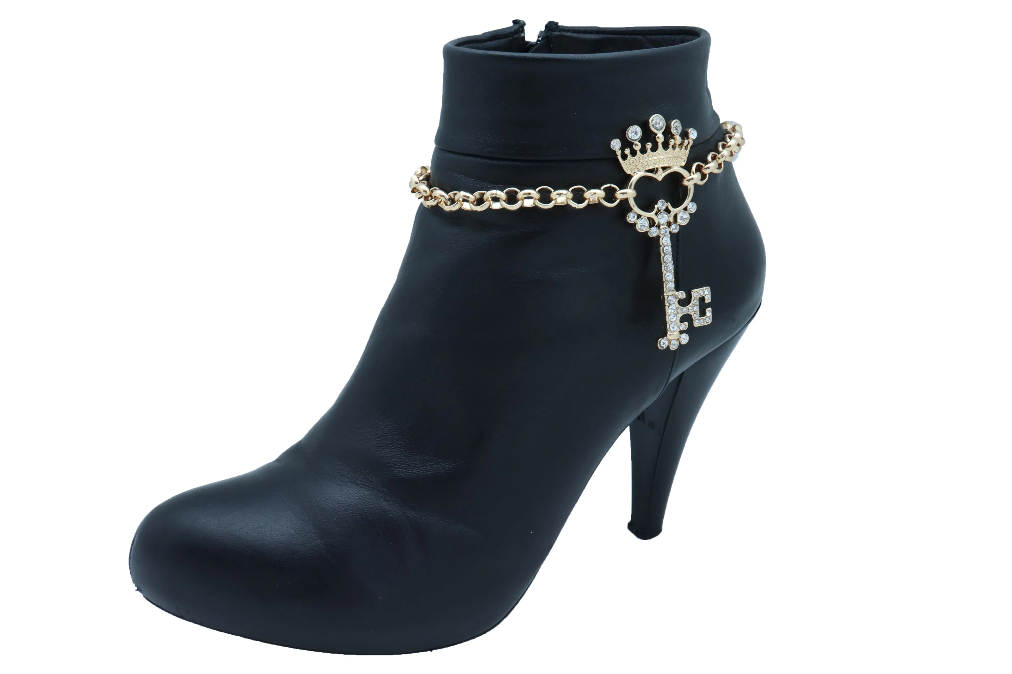 Rhinestone Crown Skeleton Key Pendant Gold Metal Boot Chain