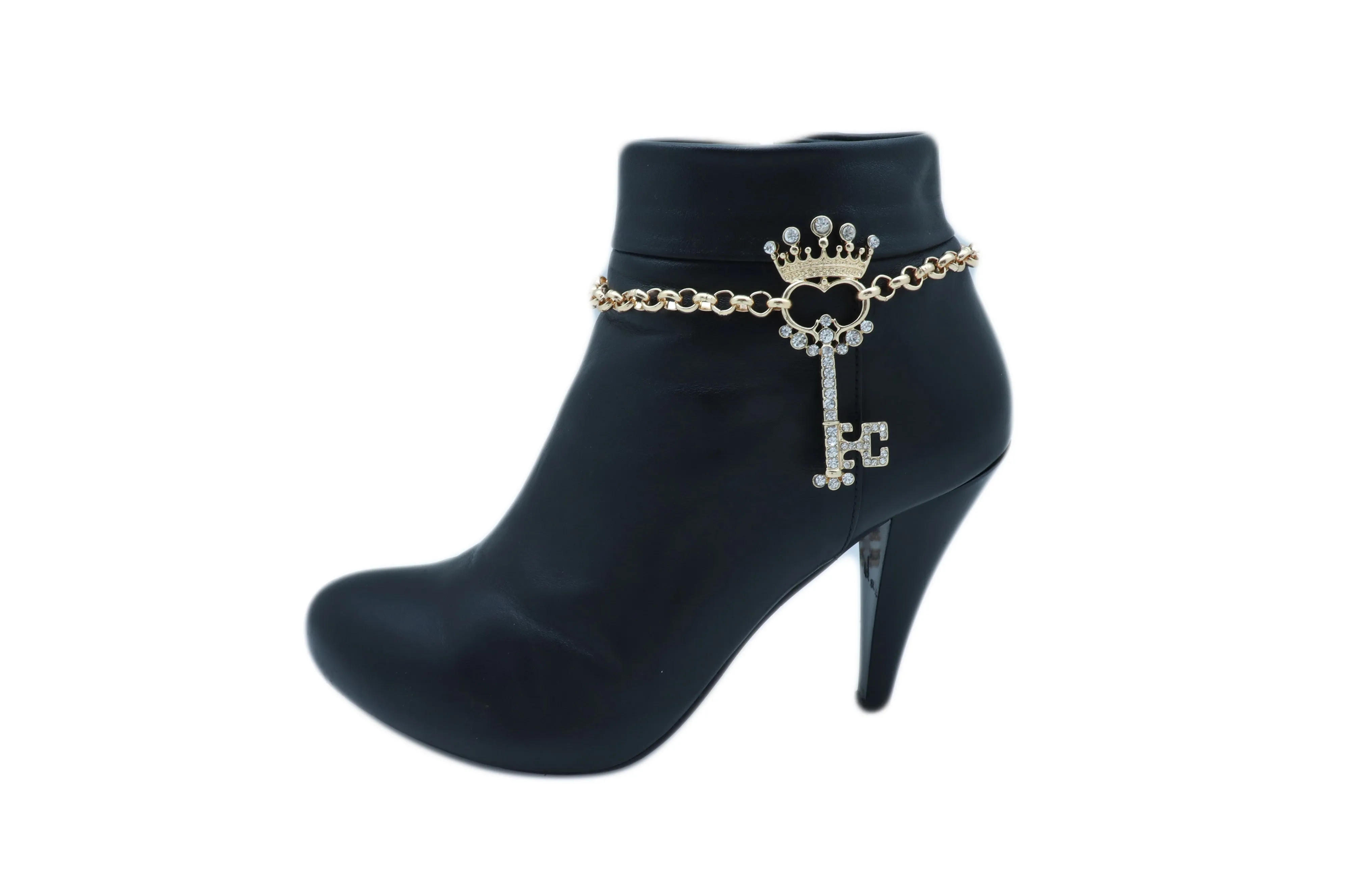 Rhinestone Crown Skeleton Key Pendant Gold Metal Boot Chain