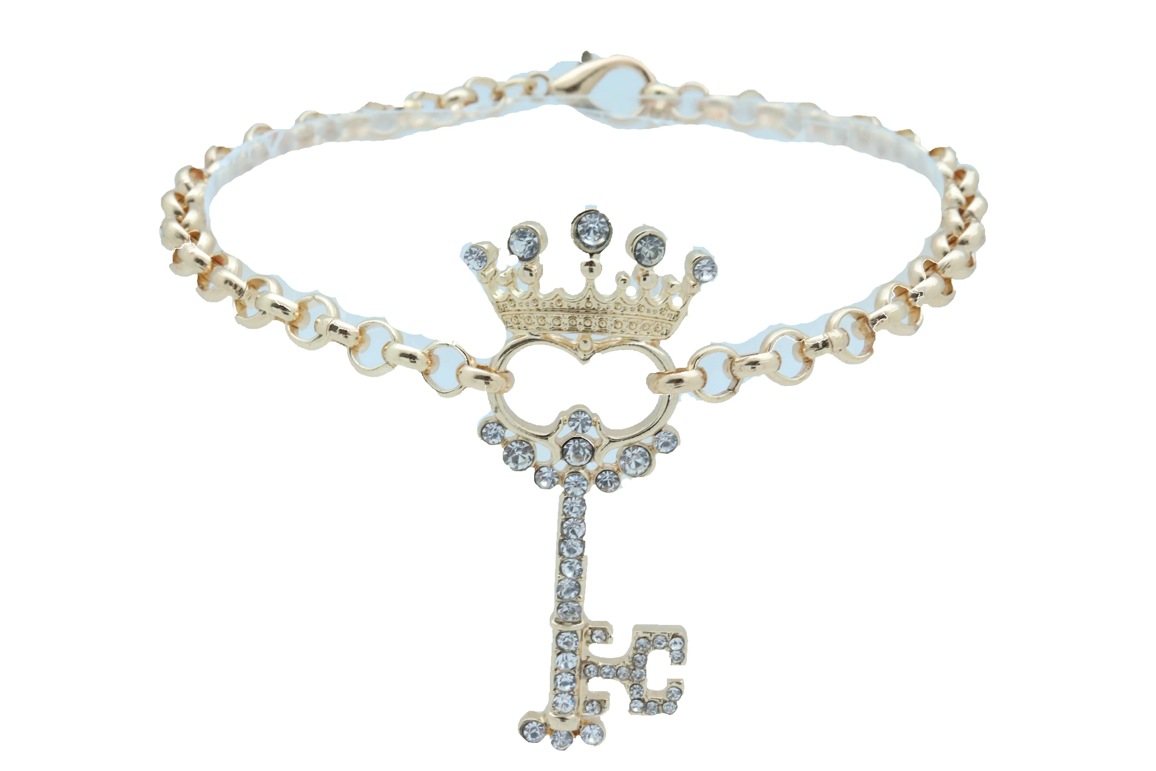 Rhinestone Crown Skeleton Key Pendant Gold Metal Boot Chain