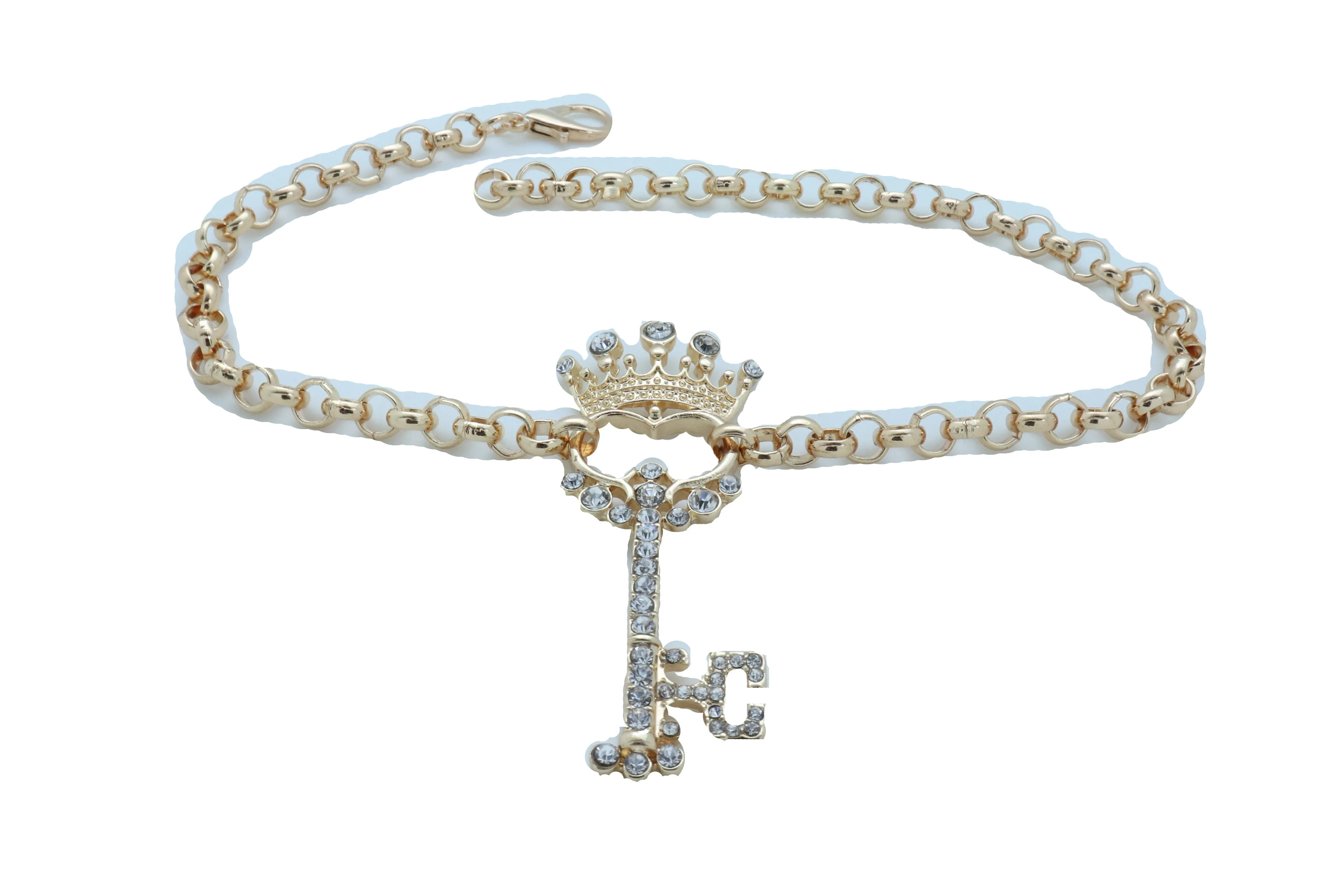 Rhinestone Crown Skeleton Key Pendant Gold Metal Boot Chain