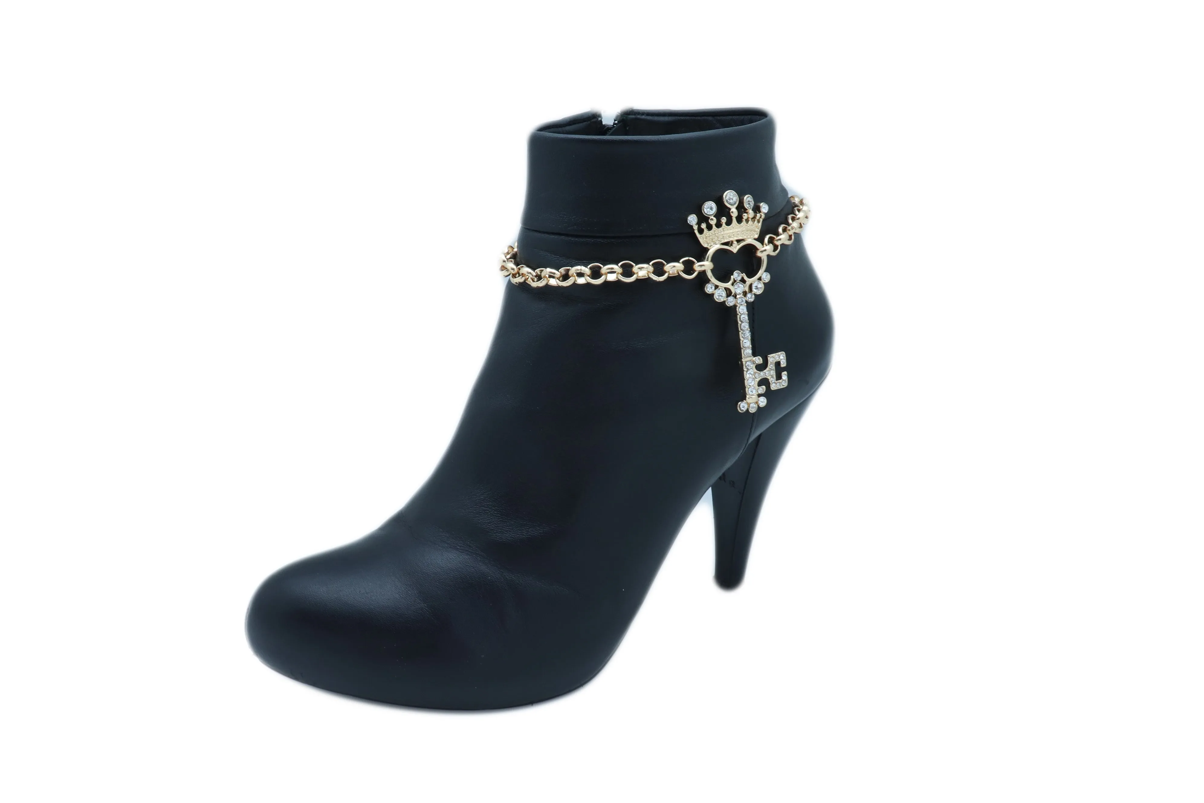 Rhinestone Crown Skeleton Key Pendant Gold Metal Boot Chain