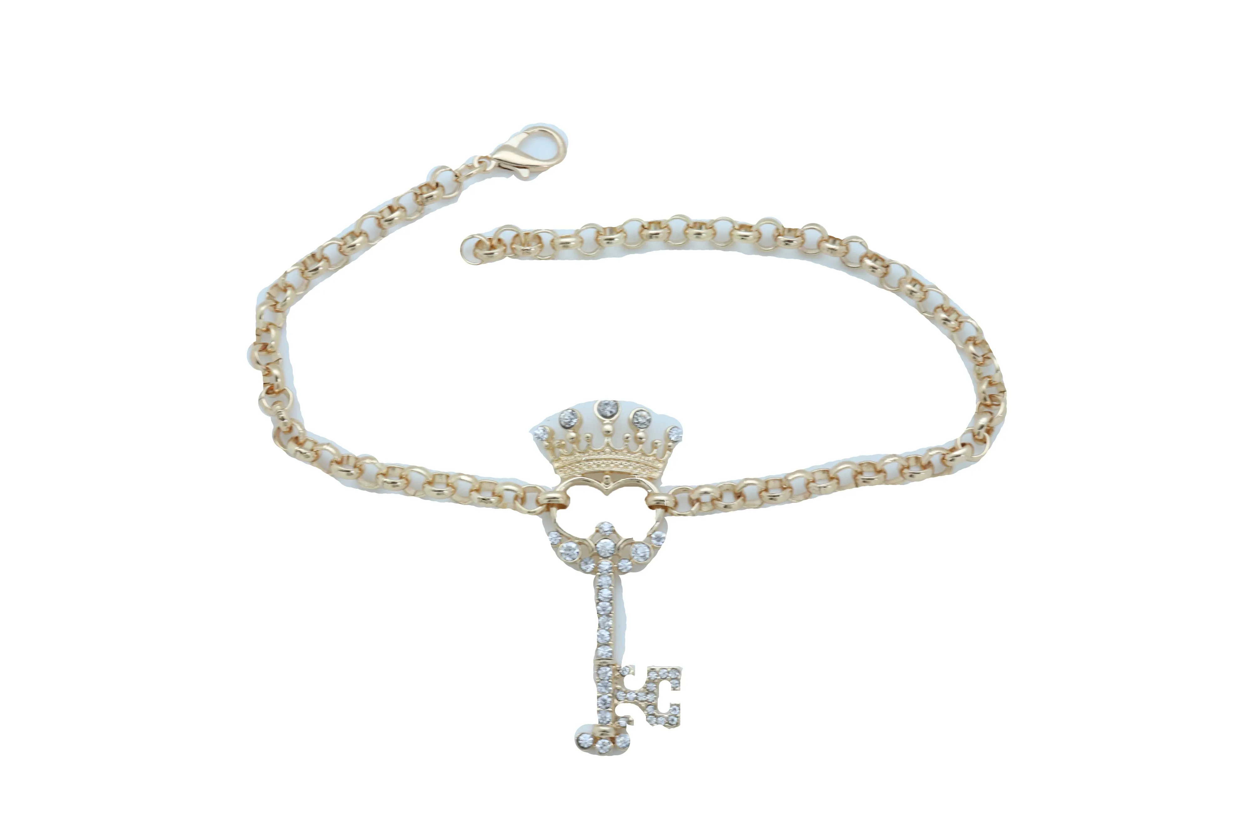 Rhinestone Crown Skeleton Key Pendant Gold Metal Boot Chain