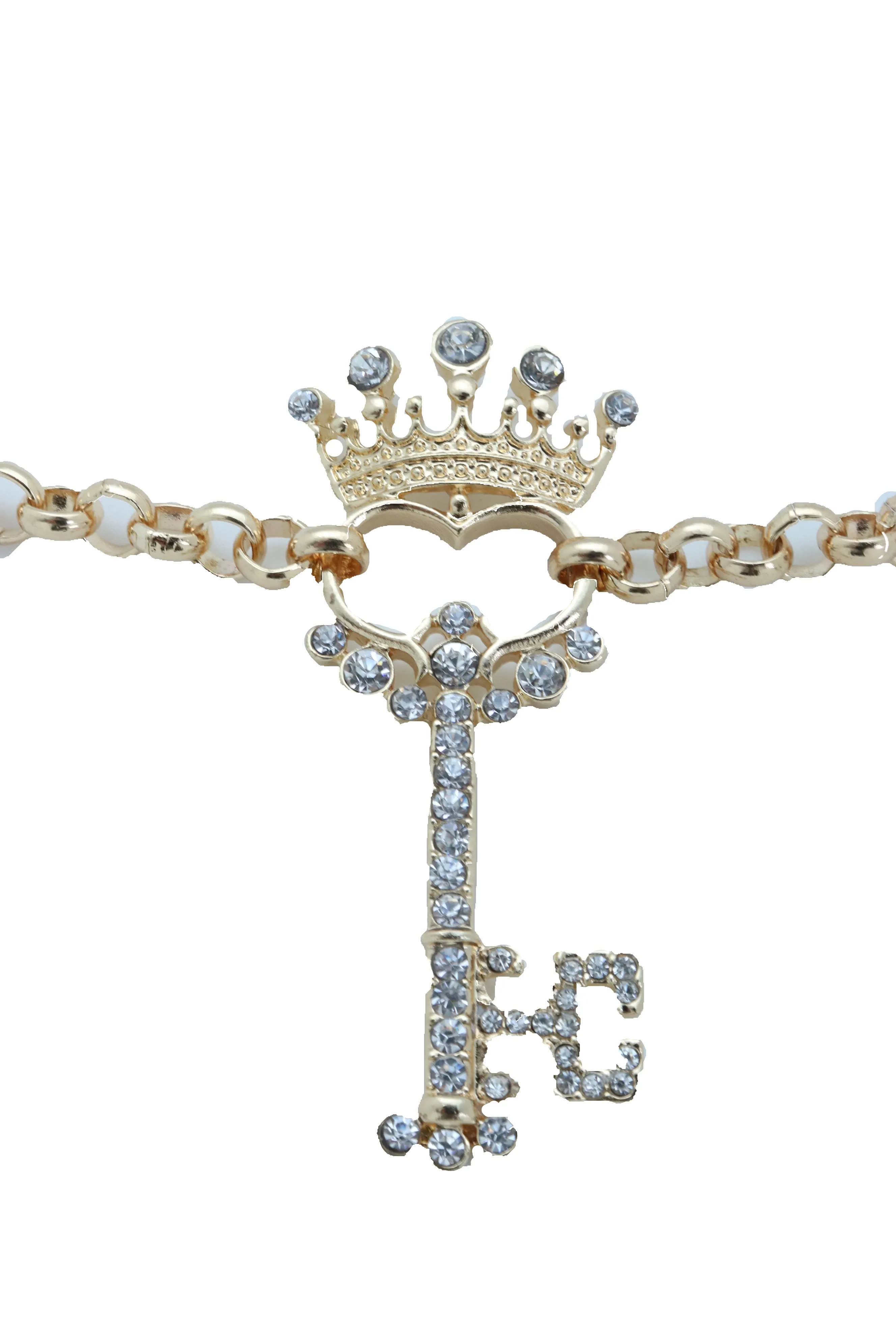 Rhinestone Crown Skeleton Key Pendant Gold Metal Boot Chain