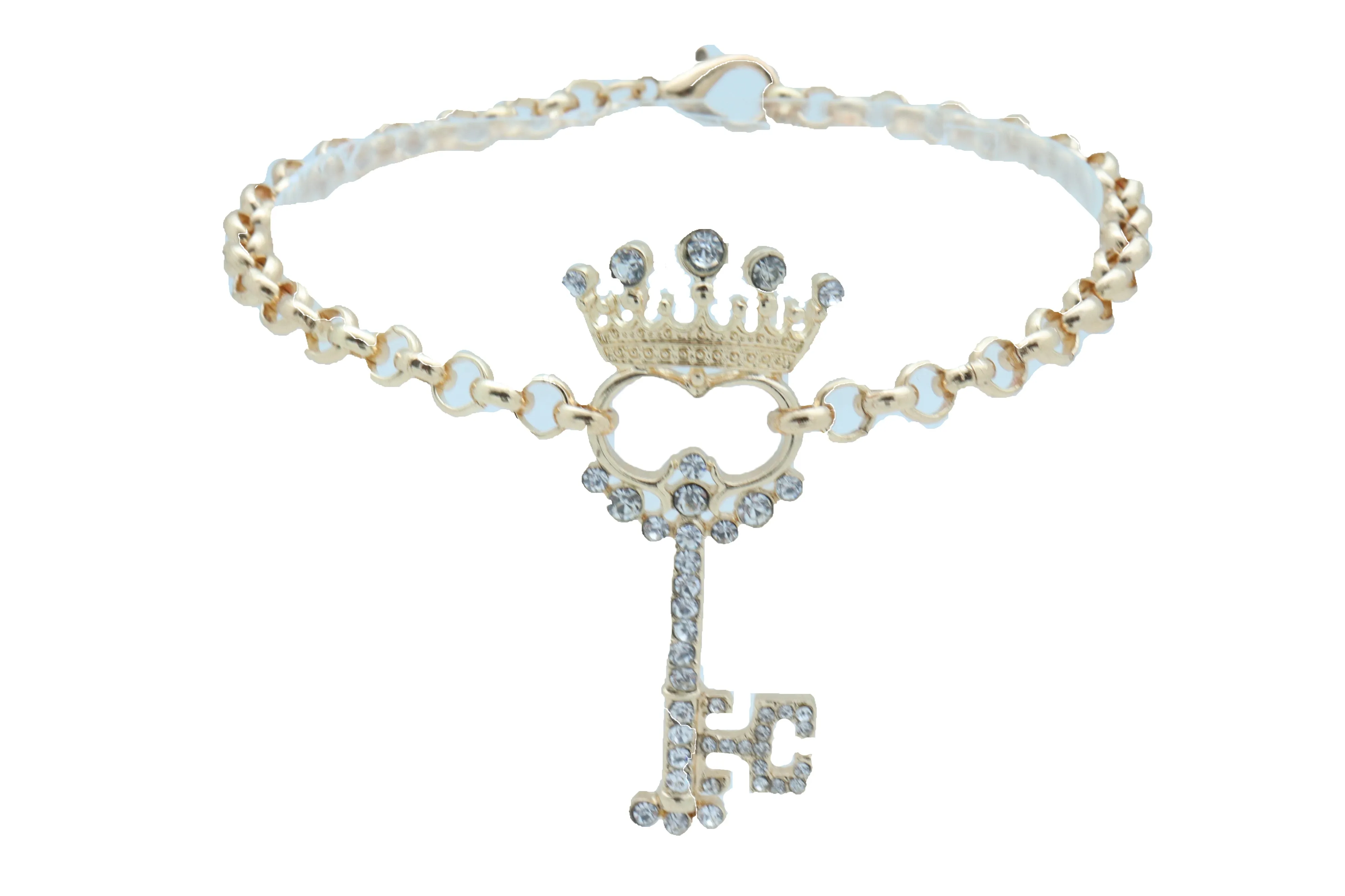 Rhinestone Crown Skeleton Key Pendant Gold Metal Boot Chain