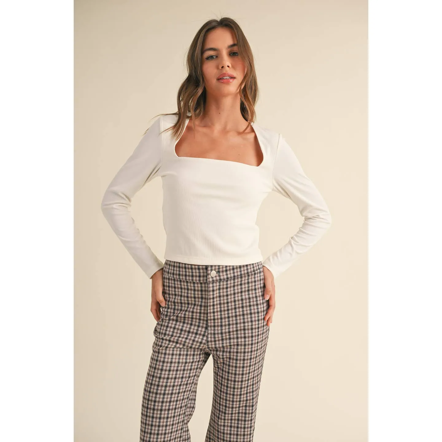 Ribbed Square Neck Long Sleeve Top