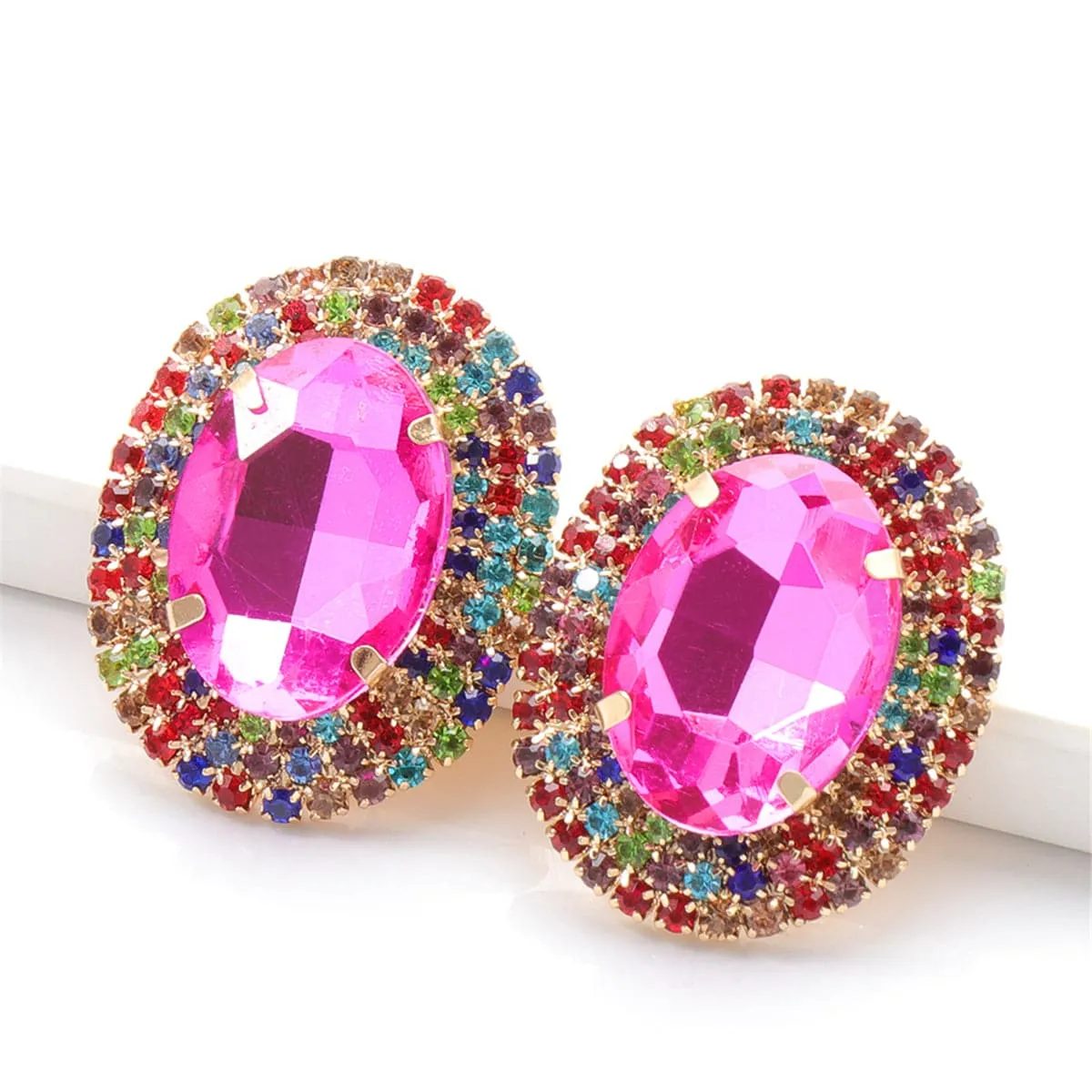 Rose Crystal & Multicolor Cubic Zirconia Oval Stud Earrings