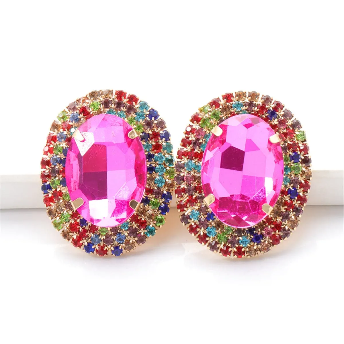 Rose Crystal & Multicolor Cubic Zirconia Oval Stud Earrings