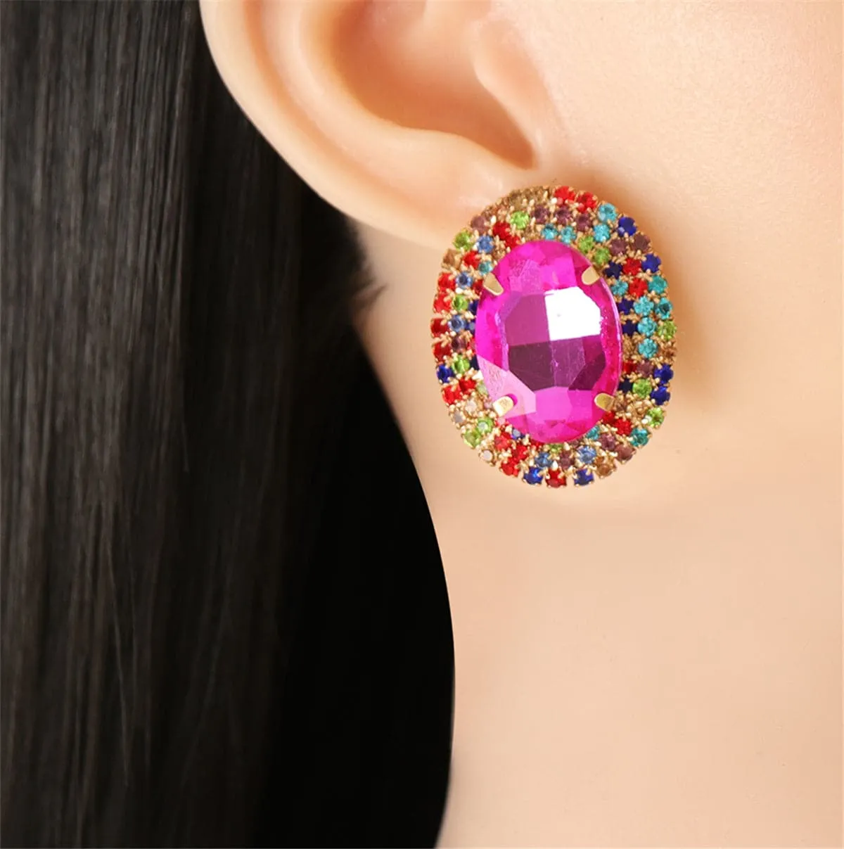 Rose Crystal & Multicolor Cubic Zirconia Oval Stud Earrings