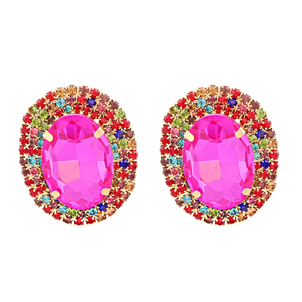 Rose Crystal & Multicolor Cubic Zirconia Oval Stud Earrings