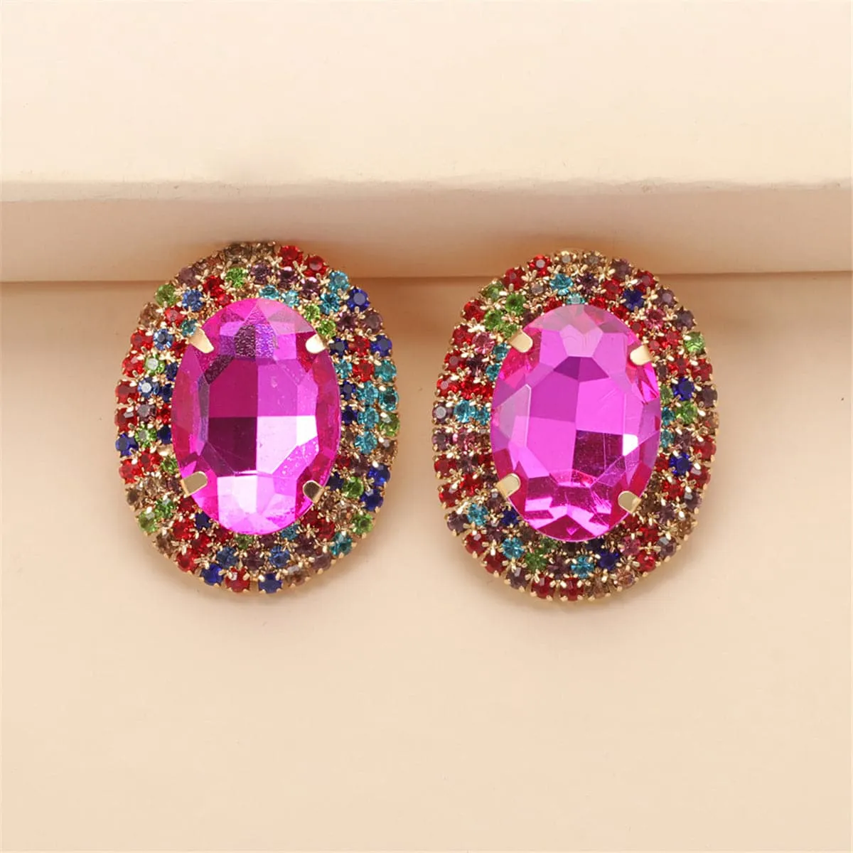 Rose Crystal & Multicolor Cubic Zirconia Oval Stud Earrings