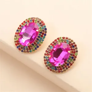 Rose Crystal & Multicolor Cubic Zirconia Oval Stud Earrings
