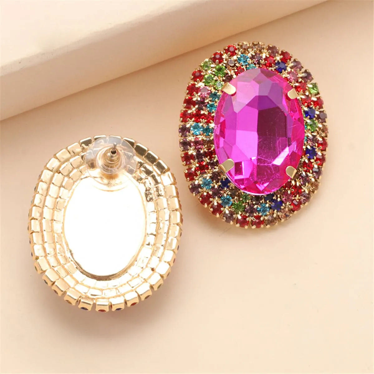 Rose Crystal & Multicolor Cubic Zirconia Oval Stud Earrings