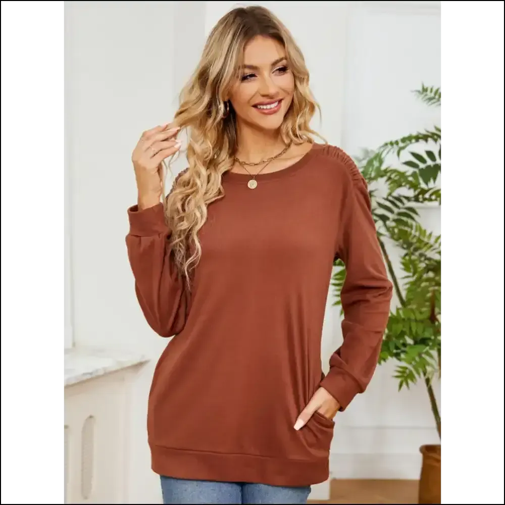 Ruched Shoulder Chic Round Neck Long Sleeve Sweatshirt