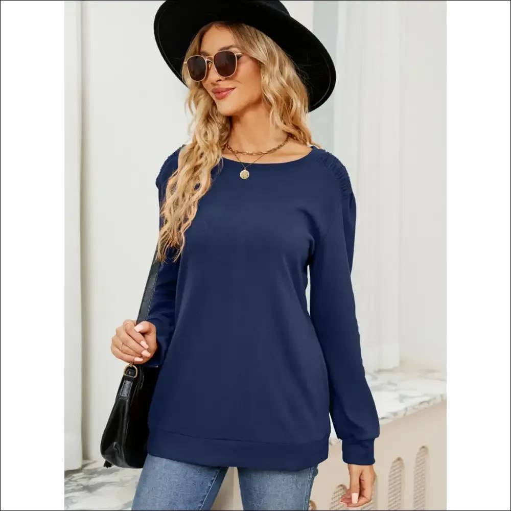 Ruched Shoulder Chic Round Neck Long Sleeve Sweatshirt