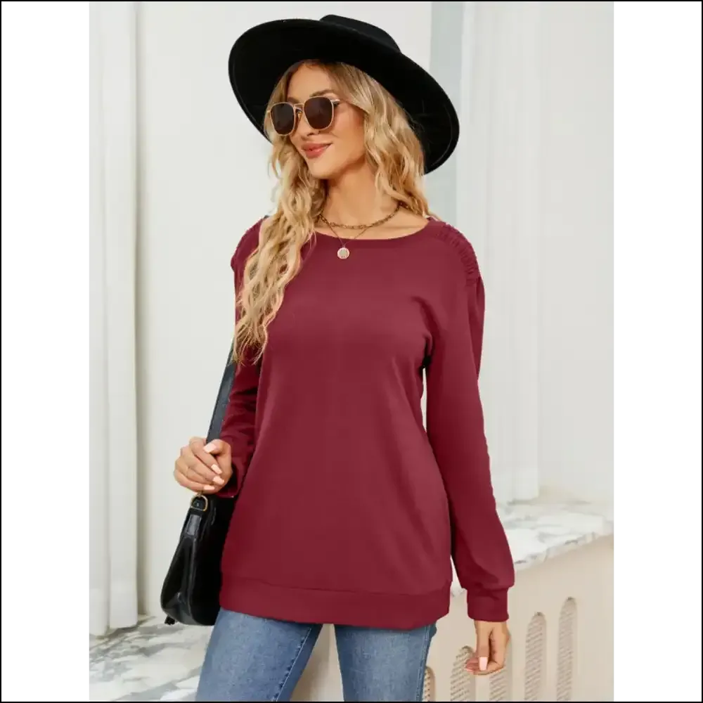 Ruched Shoulder Chic Round Neck Long Sleeve Sweatshirt