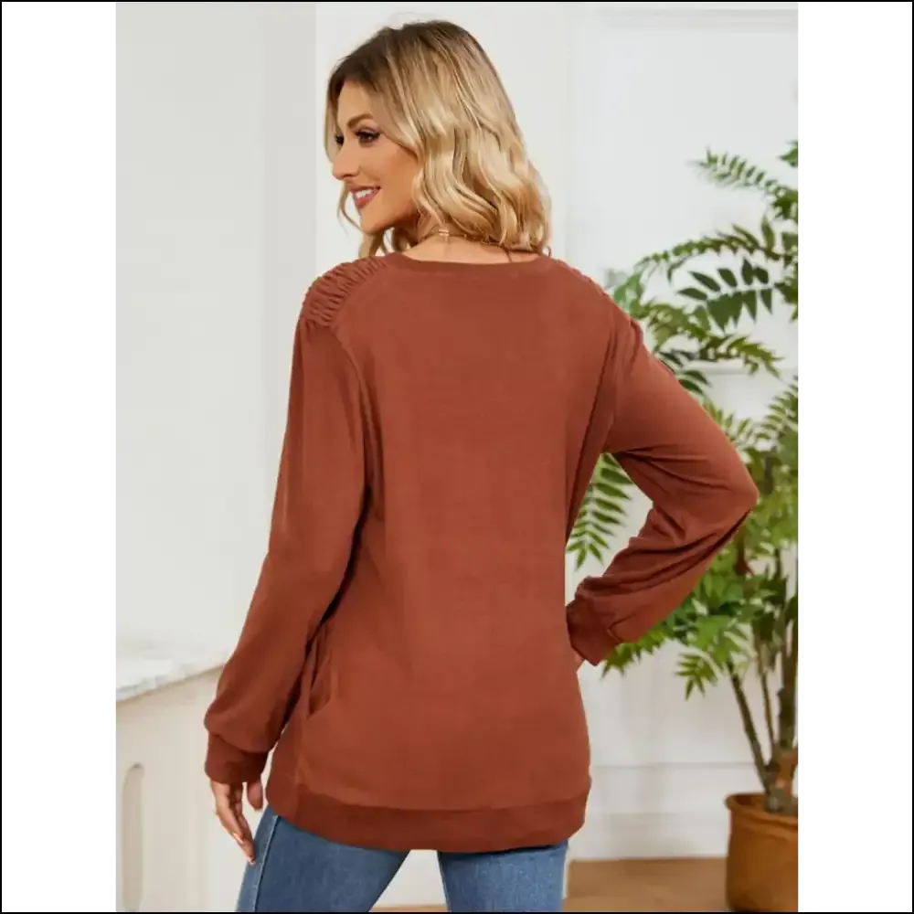 Ruched Shoulder Chic Round Neck Long Sleeve Sweatshirt