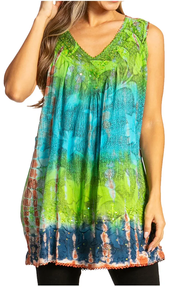 Sakkas Women's Tie Dye Floral Sequin Sleeveless Blouse