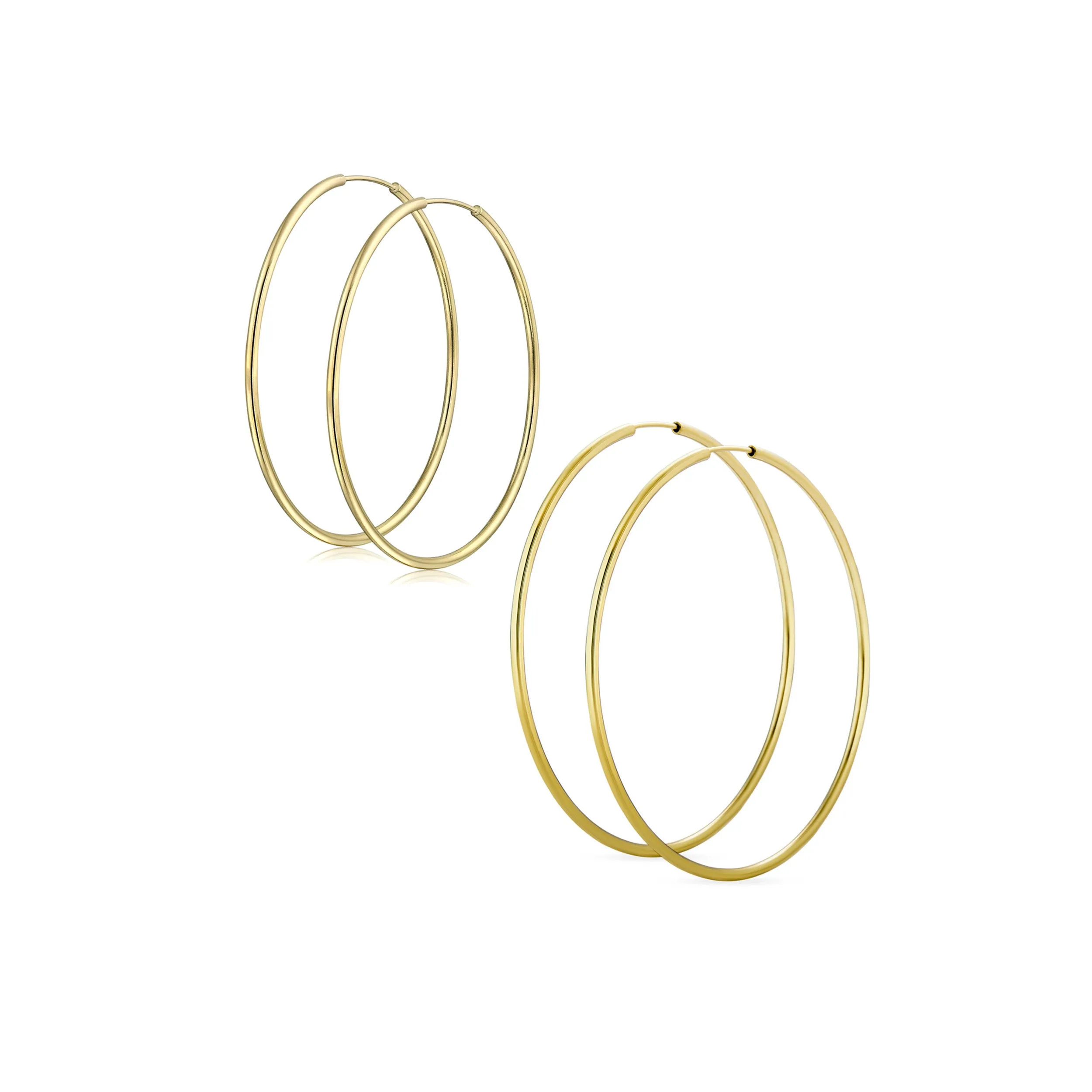 Set of 2 Minimalist Hoop Earrings 2MM Gold Plated 1.75 Inch & 2.5 Inch